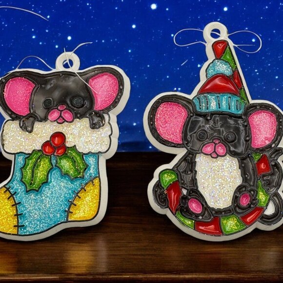 Cute Mouse Christmas Tree Ornaments Set Of 2 - Stocking & Candy Cane Designs - Picture 1 of 7